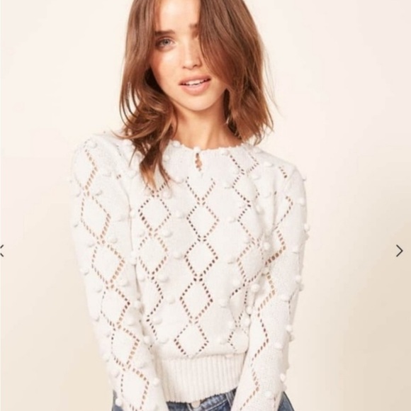 Reformation Marie Pompom Eyelet Knit Sweater White Size Large - Picture 2 of 15